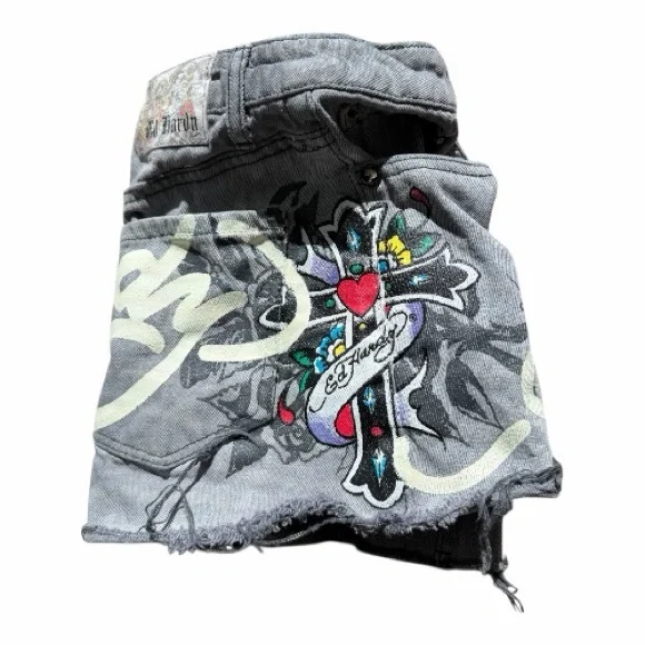 Ed Hardy Gray Mini Denim Skirt with Graphic Design - Picture 4 of 5